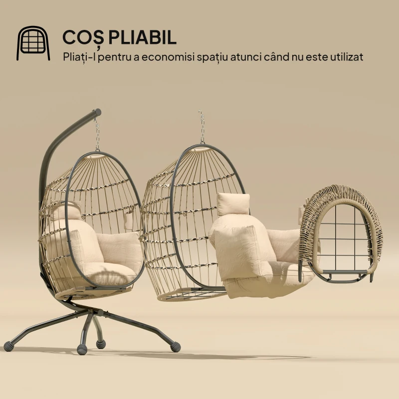 Outsunny Fotoliu Suspendat Tip Ou cu Lanț Reglabil, 2 Perne Detașabile și Suport pentru Pahar, Scaun Balansoar de Grădină Pliabil, Bază în X din Oțel, pentru Interior și Exterior, 120x88x192 cm, Bej