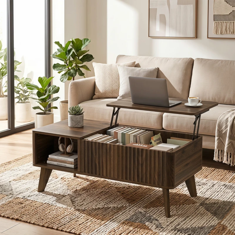 HOMCOM Mesa de Centro Elevable con Compartimento Oculto Estantes Abiertos Frontal Ondulado 100x48x41-56 cm Nogal
