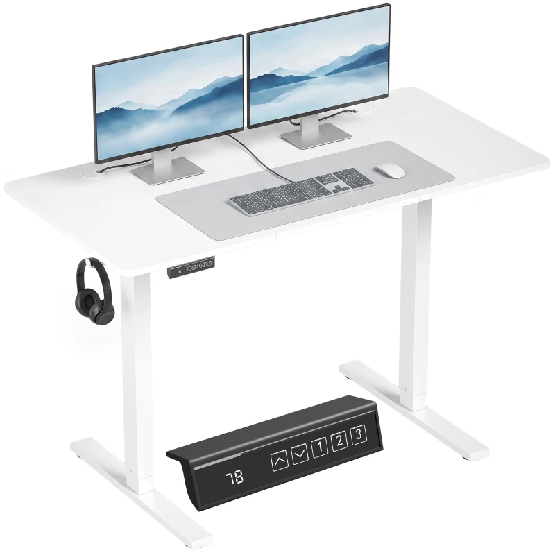 HOMCOM Standing Desk Memory Control Height Adjustable Desk 2 Cable Holes LED Display Sit Stand Desk White