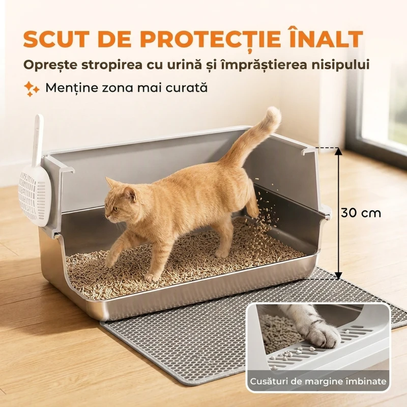 PawHut Litieră pentru Pisici xl cu Covoraș, Tavă din Oțel Inoxidabil, Lopățică, Perie, Până la 8 Kg, Gri Deschis