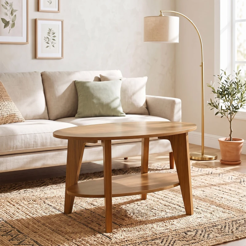 HOMCOM Masă de cafea ovală cu 2 nivele, masă de living modernă cu raft inferior deschis, 80 x 50 x 45 cm, Stejar