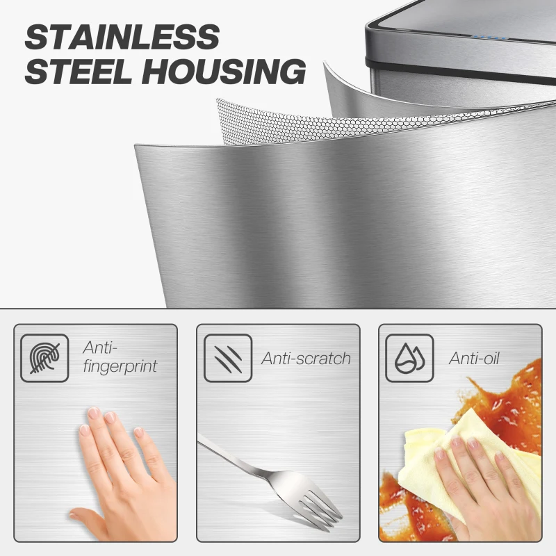 HOMCOM 50 L Sensor Can,  Sensor Bin with Soft-Close Lid, Fingerprint-Proof Stainless Steel, Silver Tone