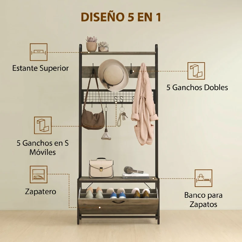 HOMCOM Perchero Zapatero 5 en 1 con Banco Zapatero Panel de Rejilla Armario 10 Ganchos Estante Superior y Marco de Acero Gris