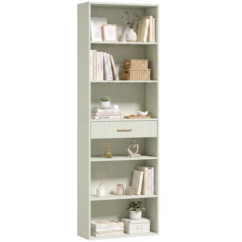 HOMCOM Bookcase Narrow Tall Space-Saving Bookshelf Drawer Open Shelves 60 x 24 x 182 cm Light Green