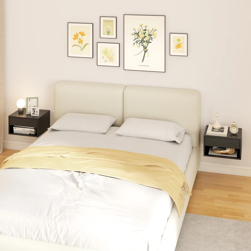 HOMCOM Lot de 2 tables de chevet murales, tables de nuit, tiroir, compartiment ouvert, plateau, 37 x 32 x 21 cm, noir