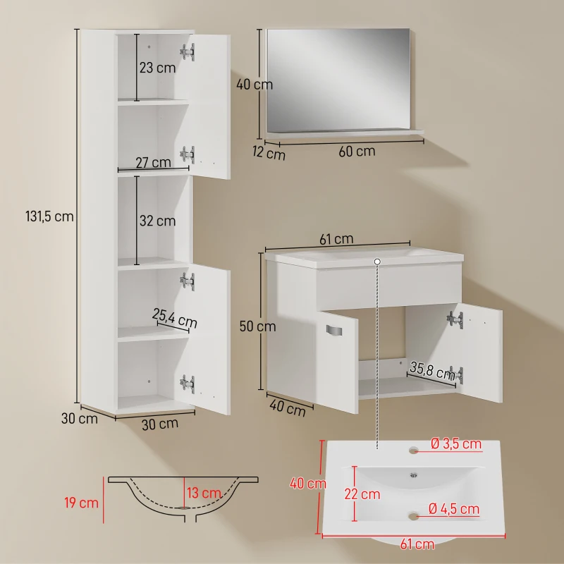 kleankin Conjunto de Muebles de Baño de Pared 4 Piezas Incluye Espejo Armario con Lavabo Cerámico y Columna de Baño Blanco