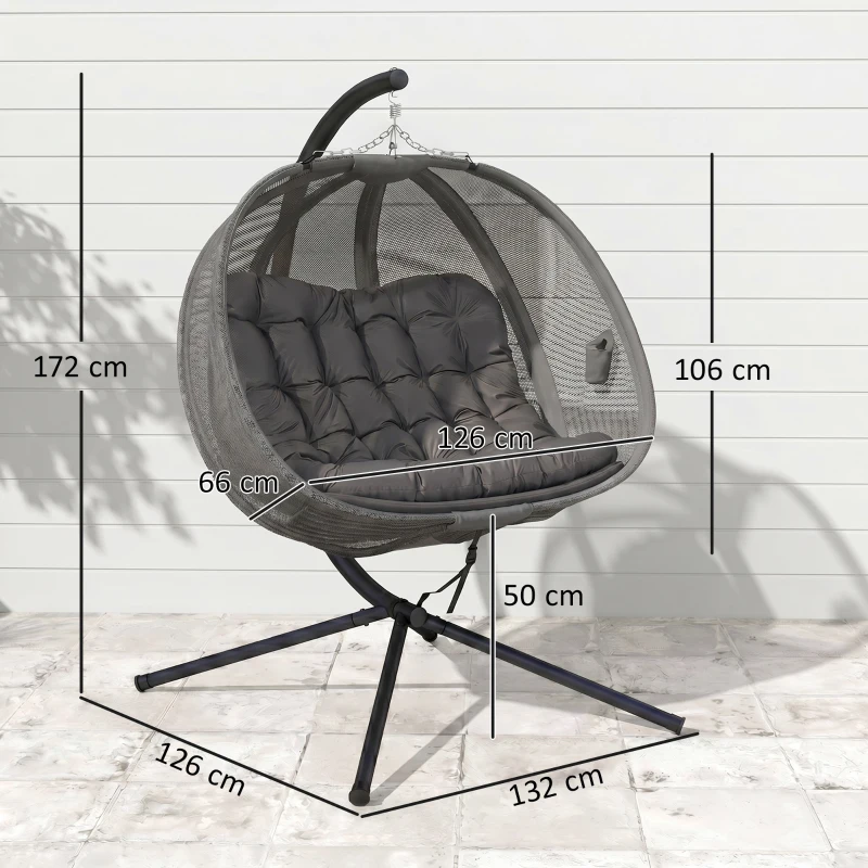 Outsunny Double Hanging Egg Chair 2 Seaters Texteline Swing Hammock Chair with Stand, Cushion and Folding Design, for Indoor and Outdoor, Grey