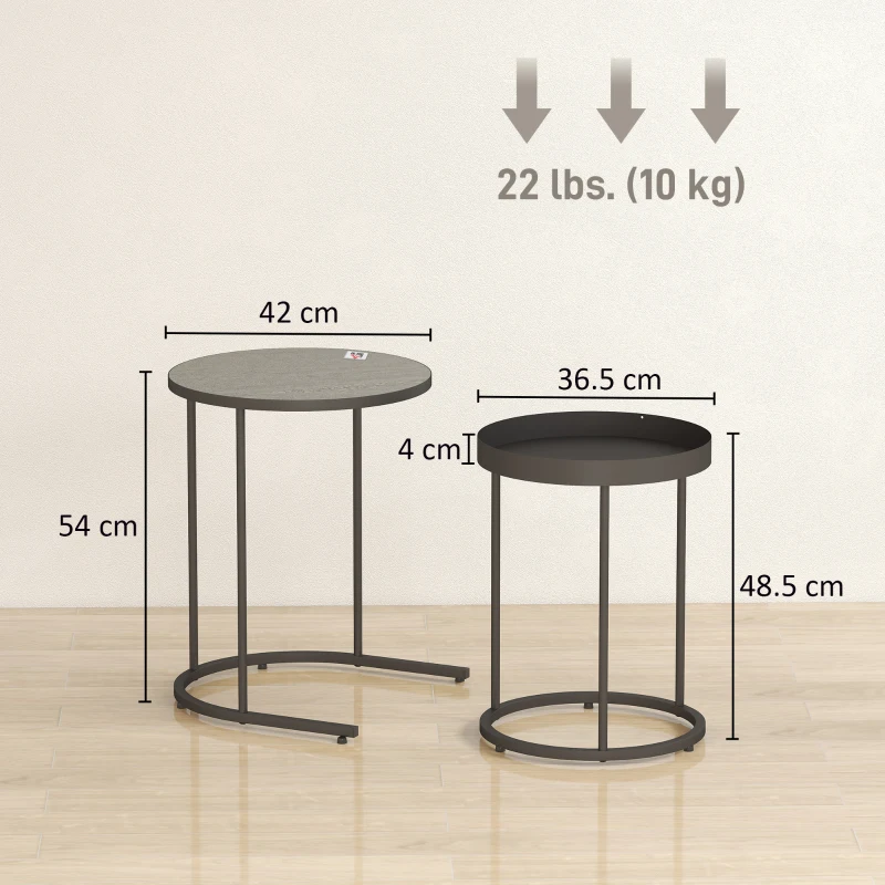 Set 2 Măsuțe de Cafea HOMCOM Stivuibile în Stil Industrial, din Lemn și Metal, Ø42x54 cm și Ø36.5x48.5 cm, Gri și Negru