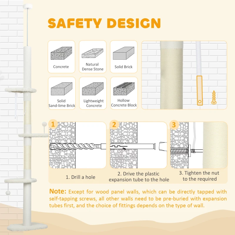 PawHut 225-255 cm Adjustable Cat Climbing Tower with Sisal Scratching Posts, 2 Hanging Play Balls and Anti-Tip Strap, Beige