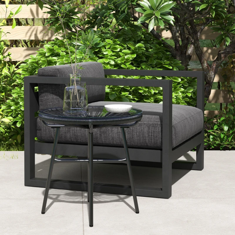 Outsunny Mesa de Jardín de Ratán Sintético Redonda para Exteriores con Encimera de Vidrio Templado Ø50x50 cm Negro