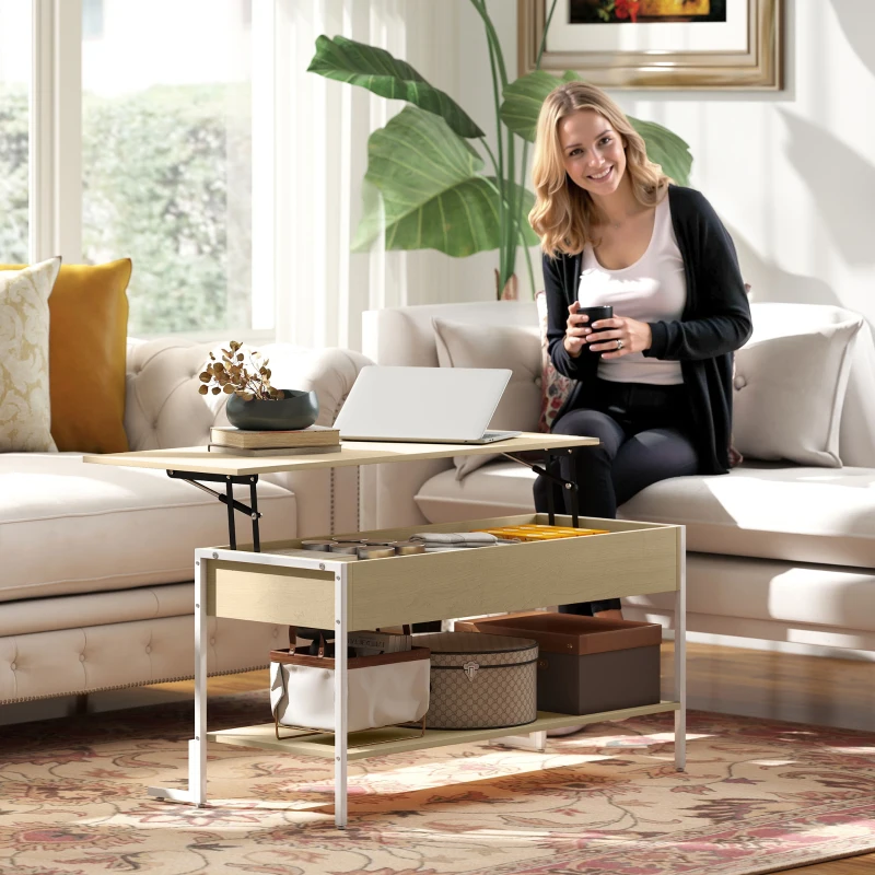 HOMCOM Mesa de Centro Elevable con Cierre Suave Espacio Oculto de Almacenaje y Estante Abierto 95x40x59 cm Natural y Blanco