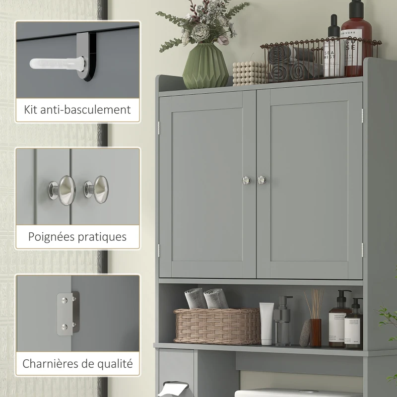 HOMCOM Meuble WC dessus de toilette ou machine à laver, 2 portes, 3 compartiments, porte-papier toilette, 80x19,5x170cm, gris(m-6)