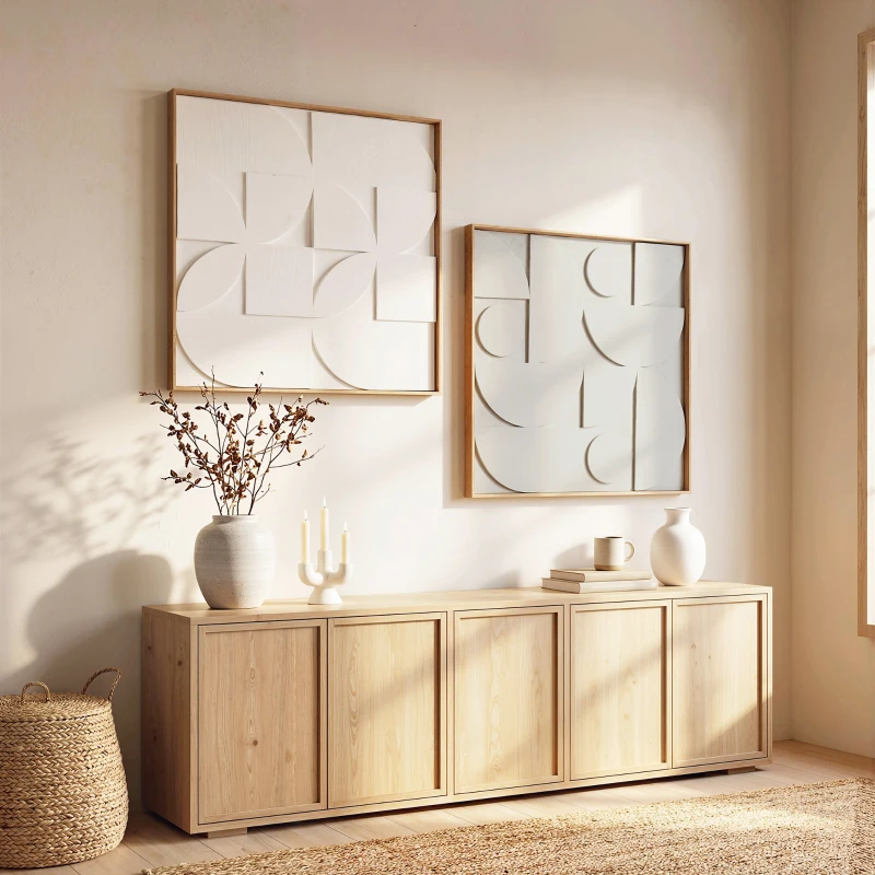 HOMCOM Decoración de Pared de Madera 3D de  2 Piezas con Patrones Geométricos Huecos para Salón Dormitorio Pasillo Blanco
