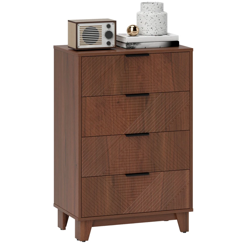 HOMCOM Commode 4 tiroirs meuble de rangement vintage avec poignées en métal, 60 x 36 x 90 cm, effet bois marron