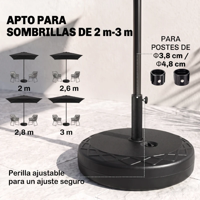 Outsunny Base de Sombrilla Rellenable de Agua 30 kg Soporte de Parasol Redondo Apto para Postes de 38mm 48 mm Metal y Plástico para Jardín Terraza Ø55x38 cm Negro