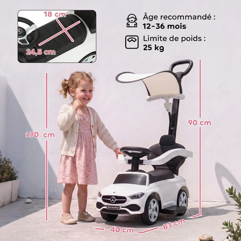 AIYAPLAY Porteur Enfants 3 en 1 Mercedes-Benz sous Licence, Garde-Corps, Espace de Rangement, Klaxon, 83x40x90cm, Blanc