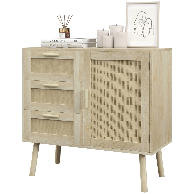 HOMCOM Mobile Multiuso Stile Boho con Armadietto e 3 Cassetti in Legno e Rattan, 80x36x75cm, Rovere