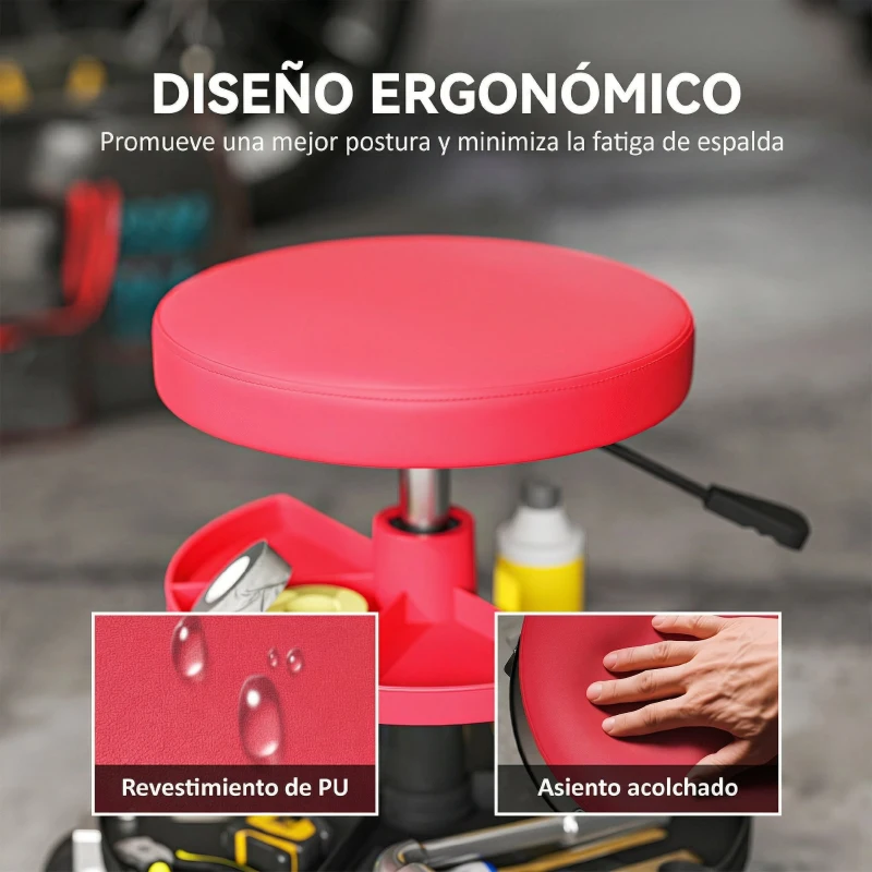 HOMCOM Taburete de Taller Giratorio con Ruedas Altura Ajustable de 40-51 cm y 2 Bandejas Carga 135 kg para Garaje Rojo