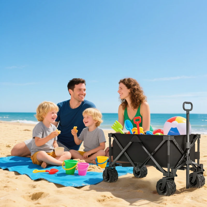 Outsunny Carucior plaja pliabil cu roti fata pivotante 360° si maner telescopic 108x55x55 cm negru