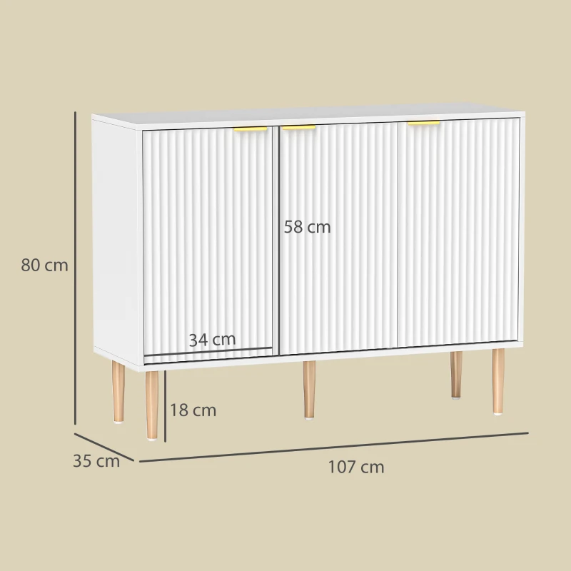 HOMCOM Aparador de Salón con Estante Ajustable Aparador de 3 Puertas Acanaladas 107x35x80 cm Blanco