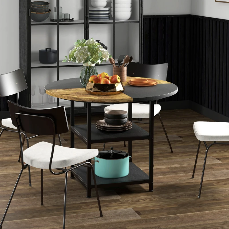 HOMCOM Tavolo da Pranzo per 4-6 Persone con 2 Ripiani Integrati, in Acciaio e MDF, Ø100x76 cm, Nero e Marrone
