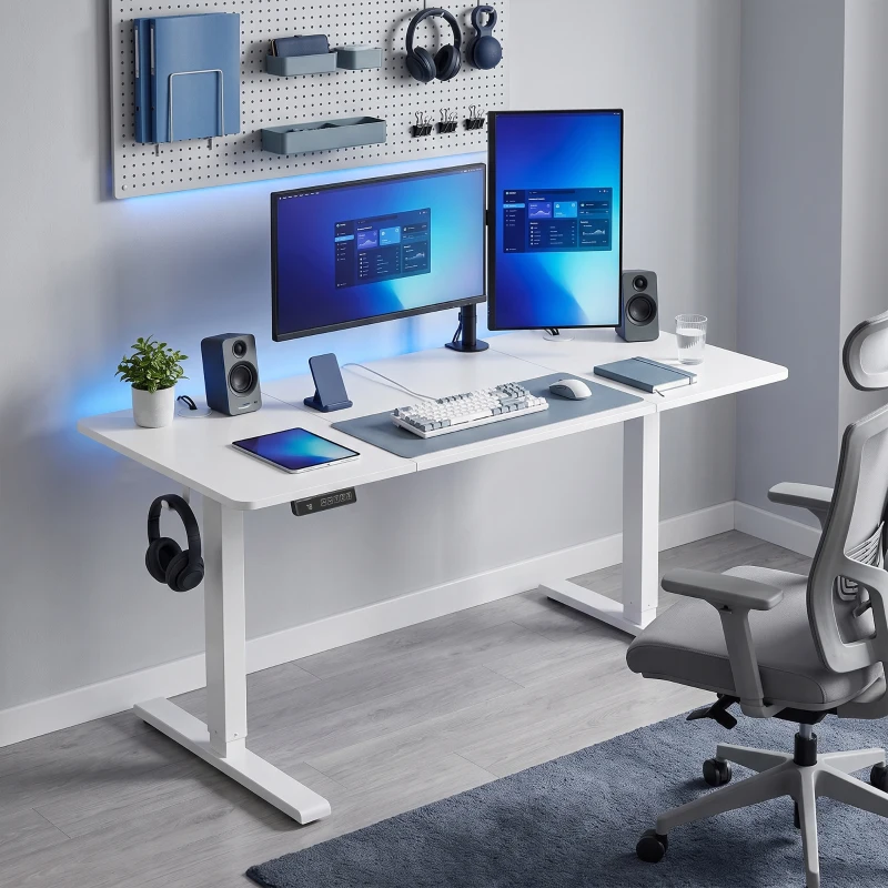 HOMCOM Standing Desk Memory Control Height Adjustable Desk 2 Cable Holes LED Display Sit Stand Desk White