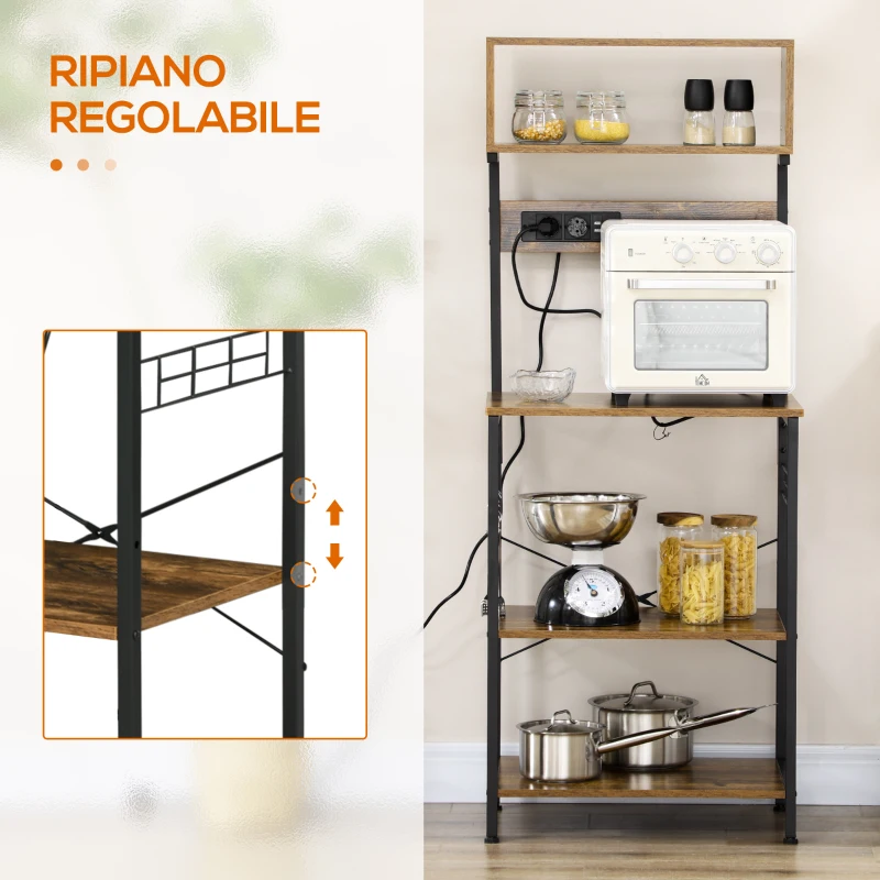 HOMCOM Scaffale Cucina con Multipresa, Ripiani e Ganci Stile Industriale, 60x42x153cm, Marrone