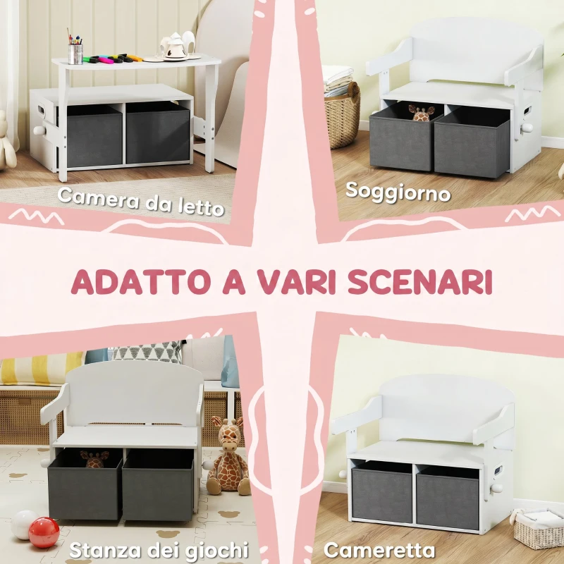 AIYAPLAY 3 in 1 Panca Porta Giochi per Bambini 3-6 Anni, Convertibile in Tavolo e Sedia con 2 Contenitori, Bianco