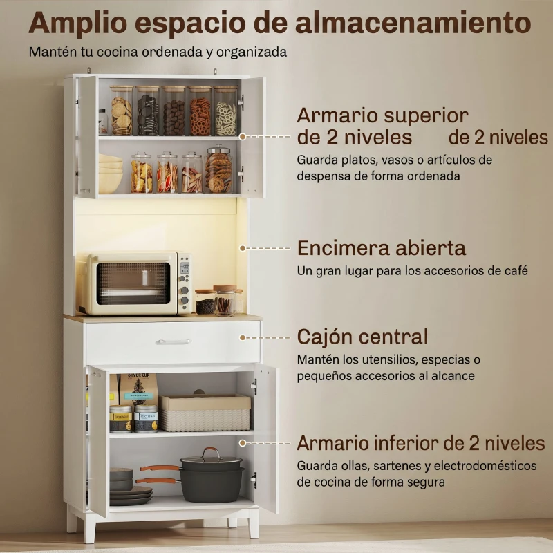 HOMCOM Alacena de Cocina con Luces LED Estación de Carga 4 Puertas Cajón Encimera Abierta 71x40x180 cm Blanco