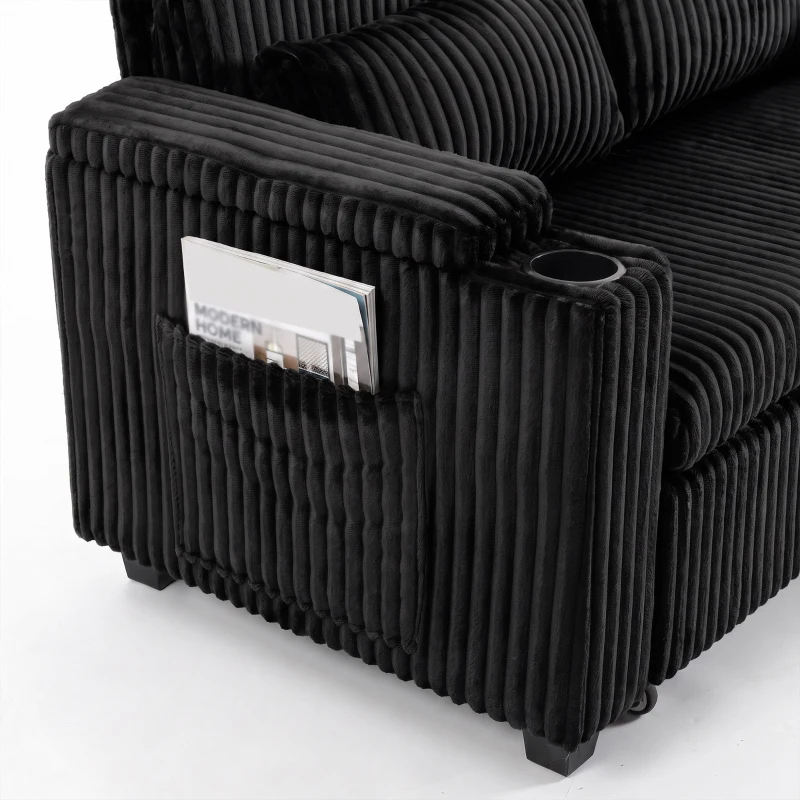 HOMCOM 2 Seater Sofa Bed, Pull Out Sleeper Sofa w/ Adjustable Backrest, Storage Armrests, Cup Holders, Side Pockets, Black