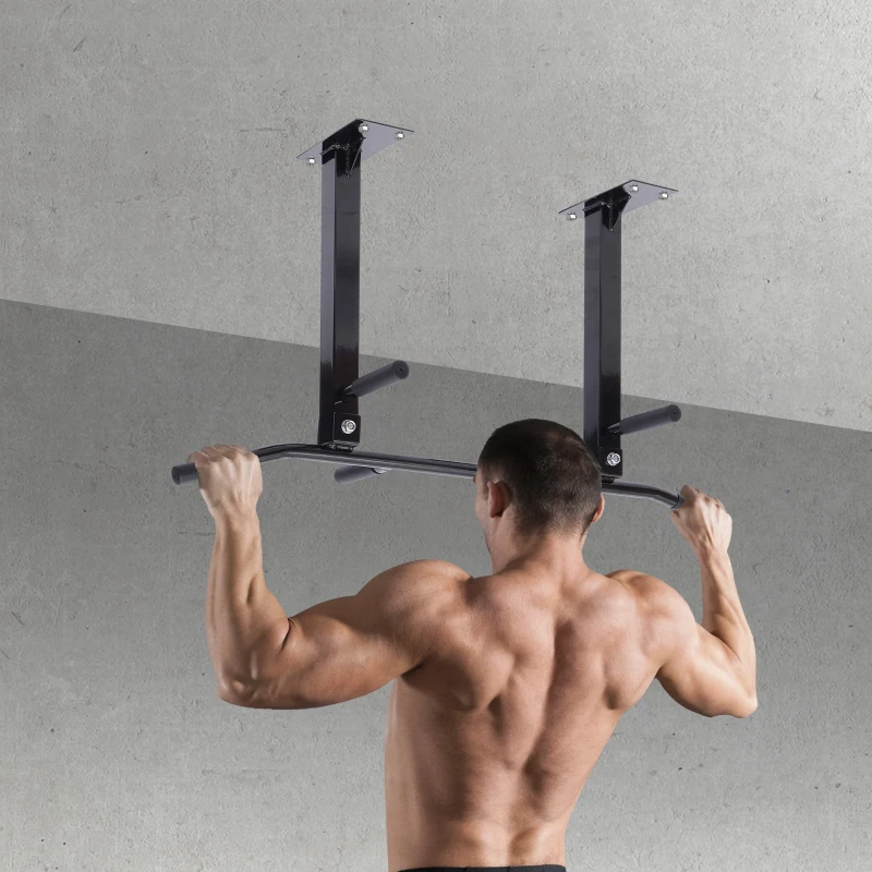 HOMCOM Barra de Dominadas en Techo Barra para Dominadas de Acero Barra de Tracción para Entrenamiento Casa 105,5x28x49 cm Negro