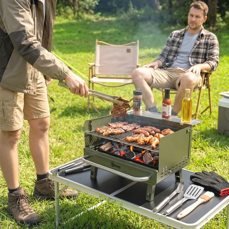 Outsunny Portable BBQ Grill, Charcoal Barbecue Grill with Adjustable Grates, Foldable Legs, Side Shelf for Camping Travel, Green