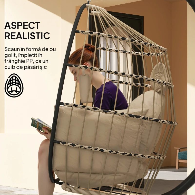 Outsunny Fotoliu Suspendat Tip Ou cu Lanț Reglabil, 2 Perne Detașabile și Suport pentru Pahar, Scaun Balansoar de Grădină Pliabil, Bază în X din Oțel, pentru Interior și Exterior, 120x88x192 cm, Bej