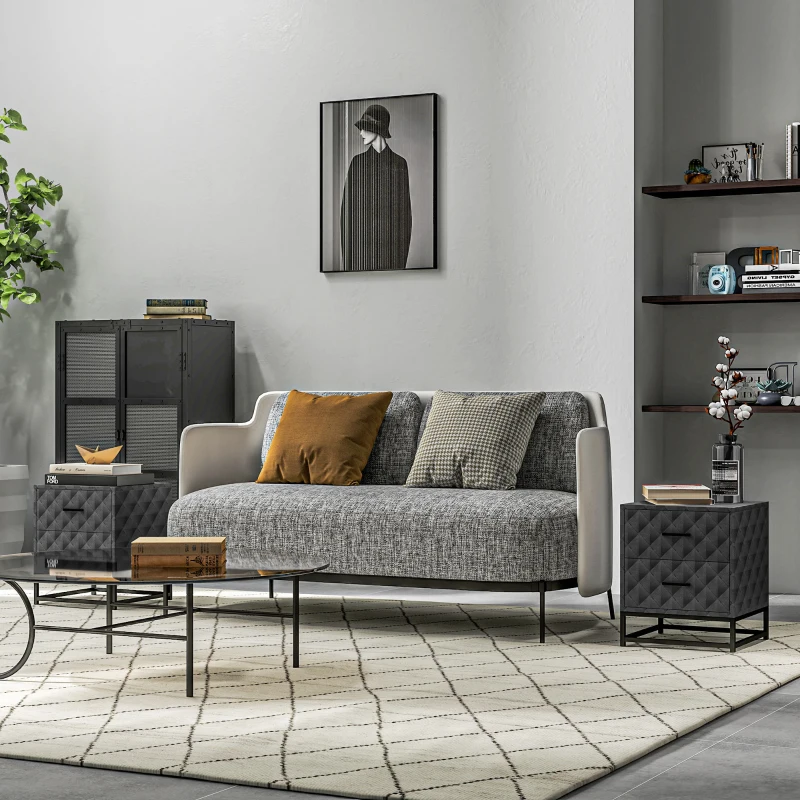 HOMCOM Bedside Tables Set of 2, Modern Bedside Table Nightstand with 2 Drawers, Bedside Cabinet Sofa Side Table with Storage, Steel Legs for Bedroom, Living Room, Grey
