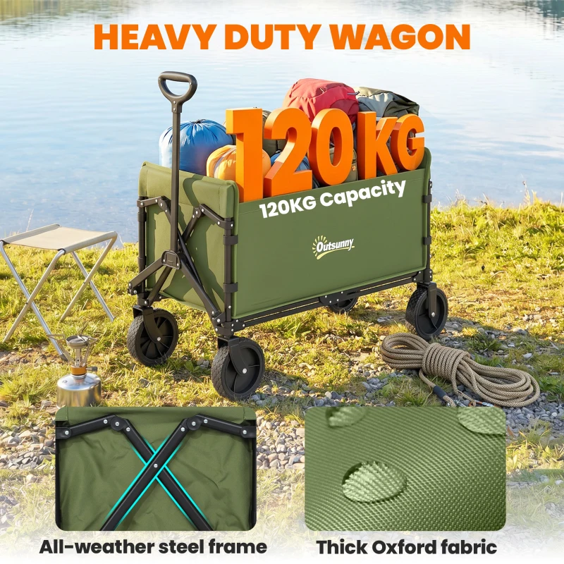 Outsunny 180L Festival Trolley on Wheels, Folding Compact Camping Trolley Cart with Adjustable Handle, 120 KG Capacity for Garden, Beach, Fishing, Green