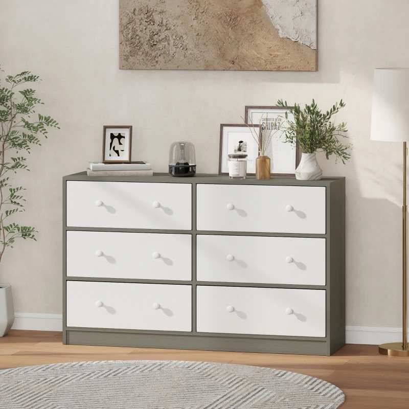 HOMCOM Cómoda con 6 Cajones de Tela Marco de Acero y MDF Cajonera para Salón Oficina Vestidor Blanco y Gris