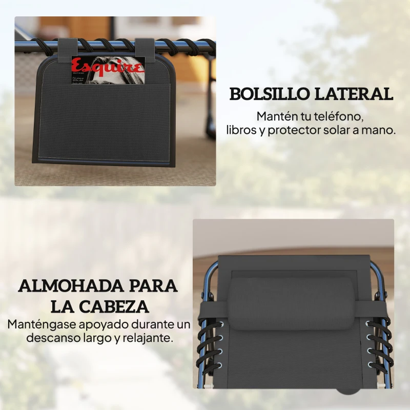 Outsunny Set de 2 Tumbonas Plegables con Reposacabezas Bolsillo Lateral y Respaldo Reclinable en 5 Posiciones Negro
