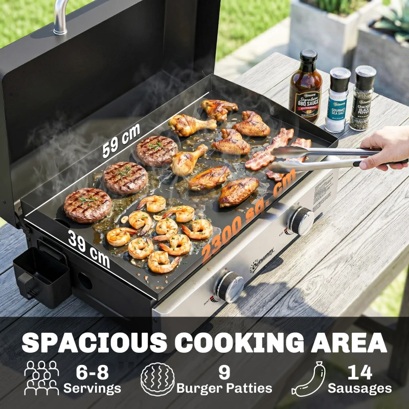Outsunny 2 Burner Grill Griddle, Portable Gas Plancha, 6 kW, Tabletop Gas BBQ with Grease Cup for Camping Picnic Patios, Black