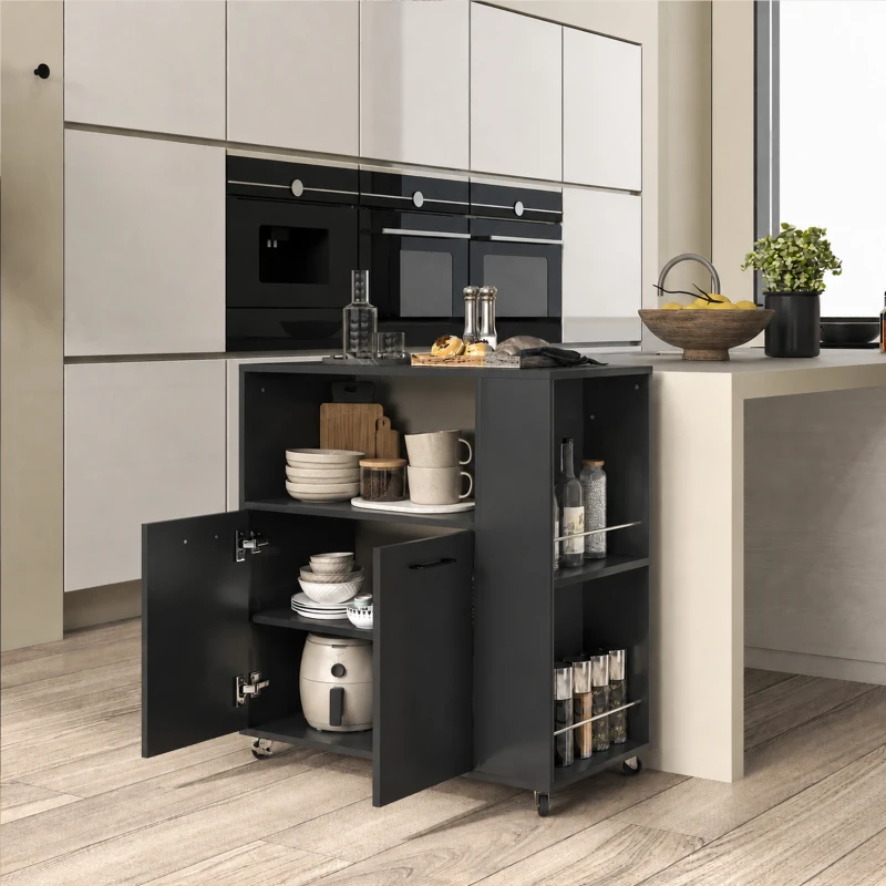 HOMCOM Carrello Cucina in Legno con Ripiano Aperto, Armadietto e Scaffale Laterale, 75x40x80.5 cm, Nero