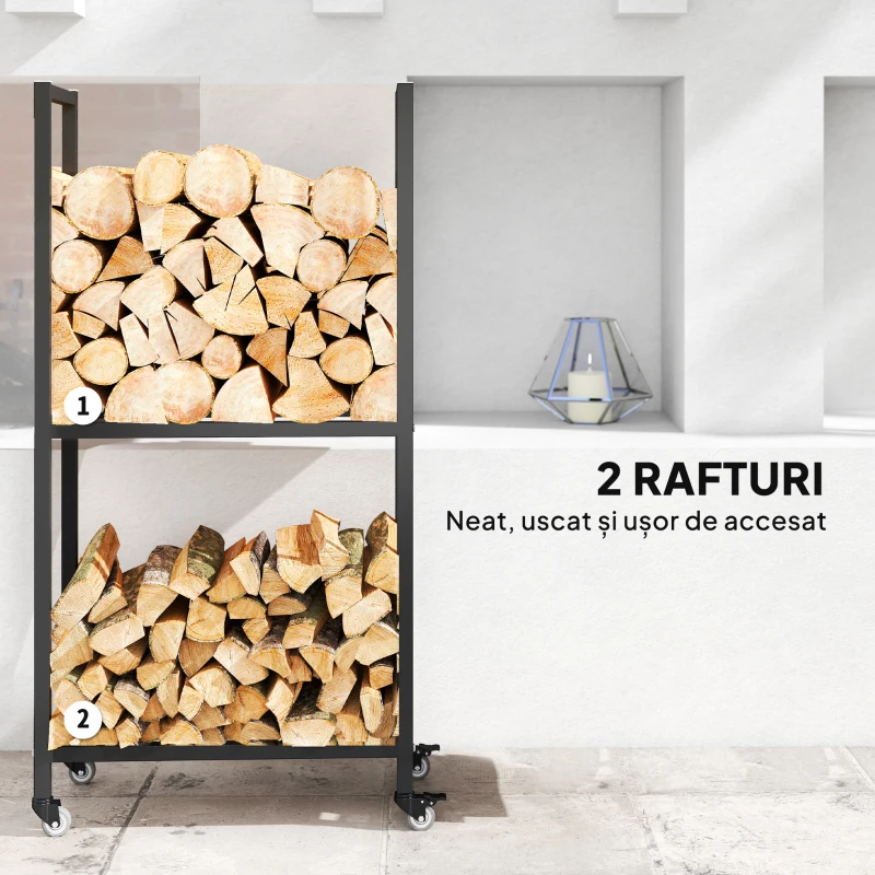 Outsunny Suport pentru Lemne de Foc, de Interior și Exterior, pe Două Niveluri, cu Roți, din Oțel Reforțat, 60x30x119 cm, Negru