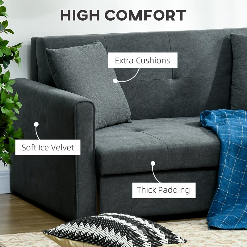 HOMCOM Modern Snow Flannel Loveseat Sofa Sleeper, 2 Seater Sofa Bed with Hidden Storage, Dark Grey