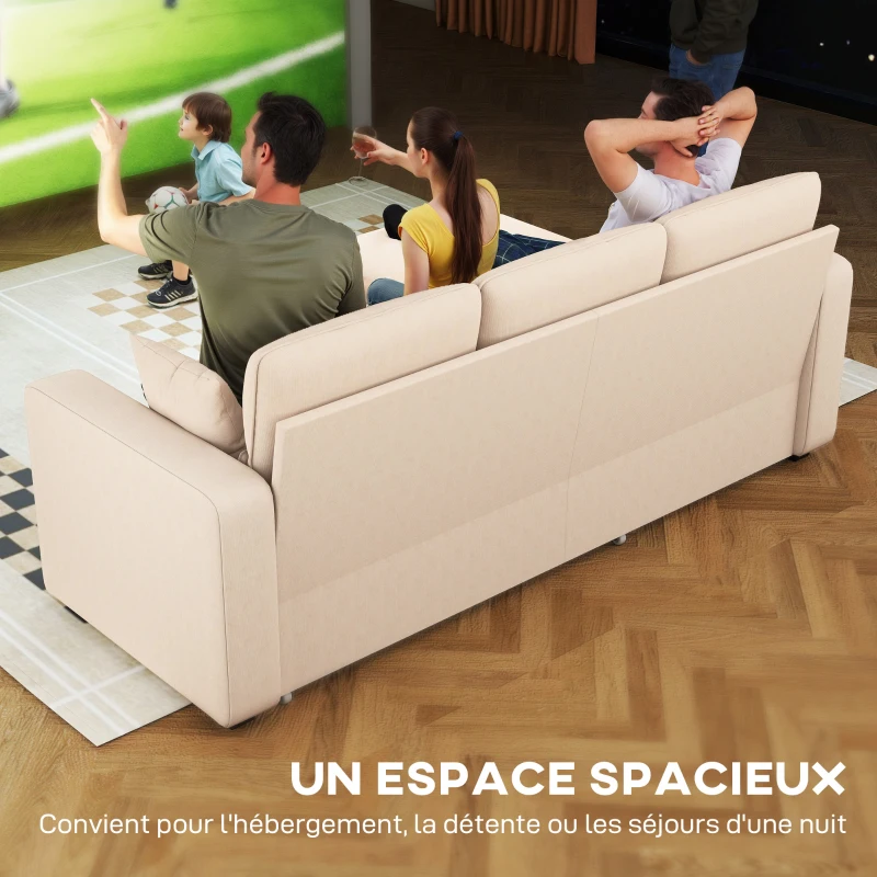 HOMCOM Canapé d'angle convertible en velours côtelé, canapé-lit 3 places avec rangement caché, coussins, 205x135x76cm, beige(m-4)