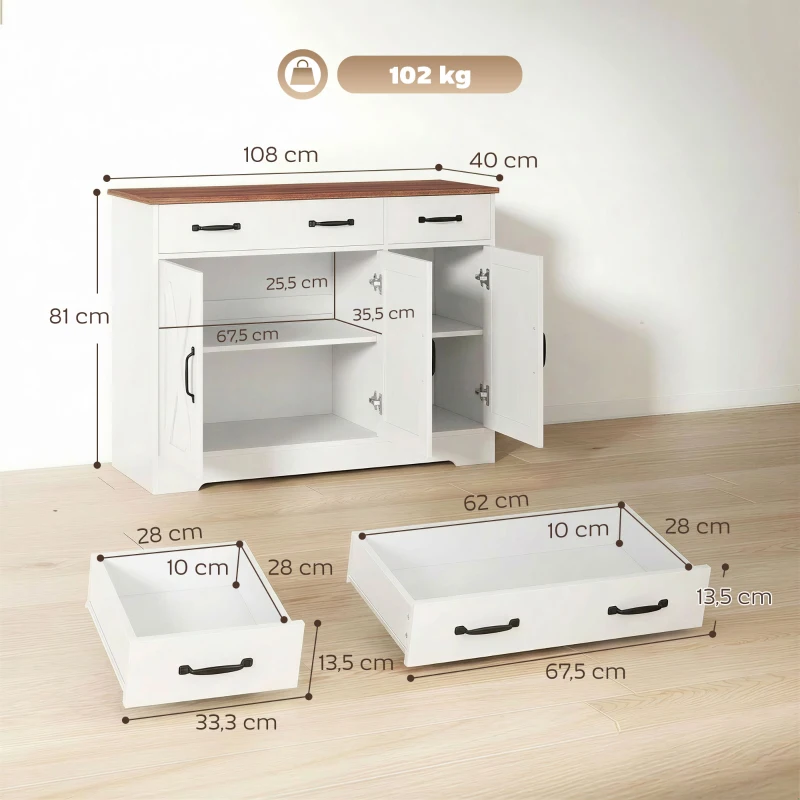 HOMCOM Buffet cuisine, meuble de rangement avec 3 portes de grange, 2 tiroirs et étagères réglables, 108 x 40 x 81 cm, blanc