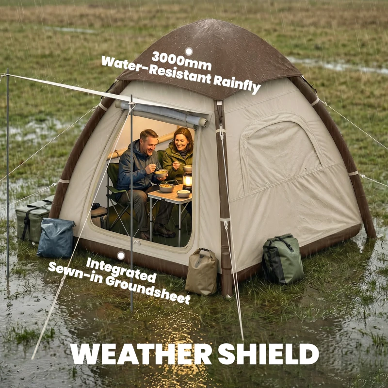 Outsunny Inflatable Camping Tent with Rainfly, 2-3 Man Air Tent 3000mm Waterproof Blow Up Tents, Cream