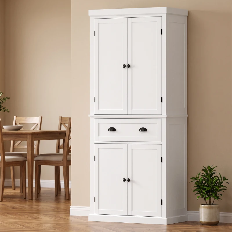 HOMCOM Tall Kitchen Cupboard, 183 cm Freestanding Storage Cabinet with Drawer, 4 Doors and Adjustable Shelves, White