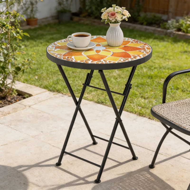 Outsunny Mosaic Outdoor Garden Table, 35.5cm Round Folding Coffee Table with Metal Frame for Balcony Terrace, Yellow