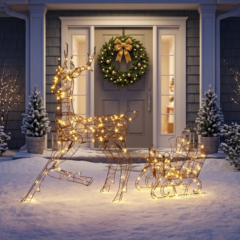 Outsunny Reno de Navidad con Trineo Luminoso 2 Piezas en Ratán PP, 175 LED Blanco Cálido, 8 Modos, Temporizador, 82x32x120cm, Marrón