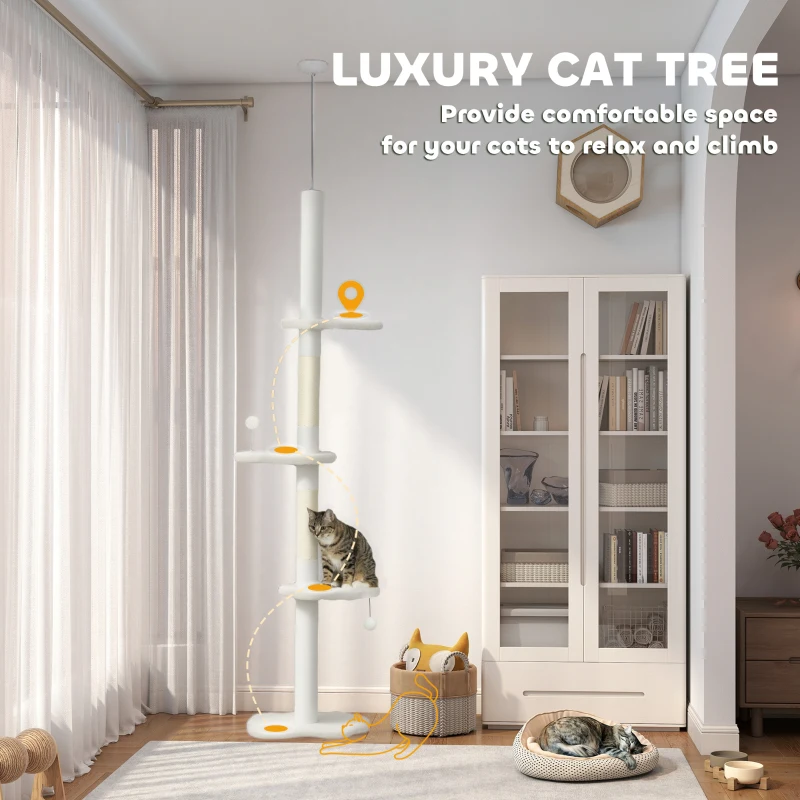 PawHut 225-255 cm Adjustable Cat Climbing Tower with Sisal Scratching Posts, 2 Hanging Play Balls and Anti-Tip Strap, Beige