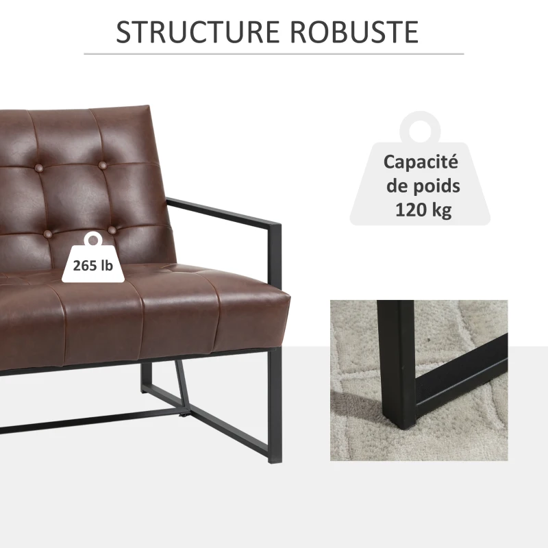 HOMCOM Fauteuil de salon Chesterfield Fauteuil Relax Assise Dossier capitonnés Structure métal Noir revêtement synthétique Chocolat