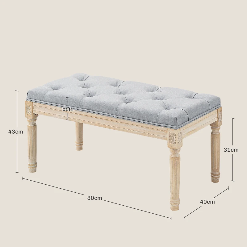 HOMCOM Banco Pie de Cama Tapizado en Lino Sintético con Patas de Madera y Asiento Acolchado Estilo Vintage Gris Claro